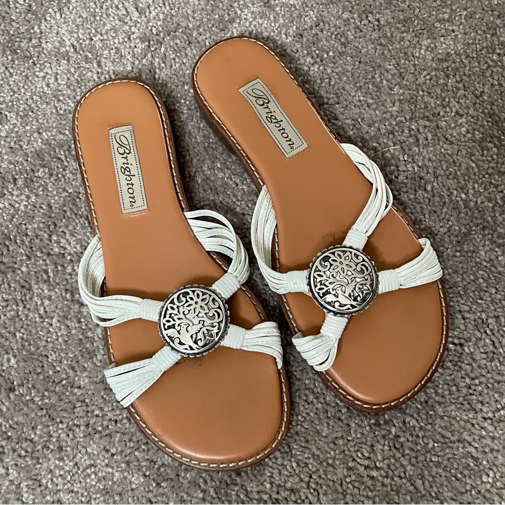 Brighton⚡️Ornate White and Tan Sandals with Elegant Silver Charm Accents - Picture 13 of 14